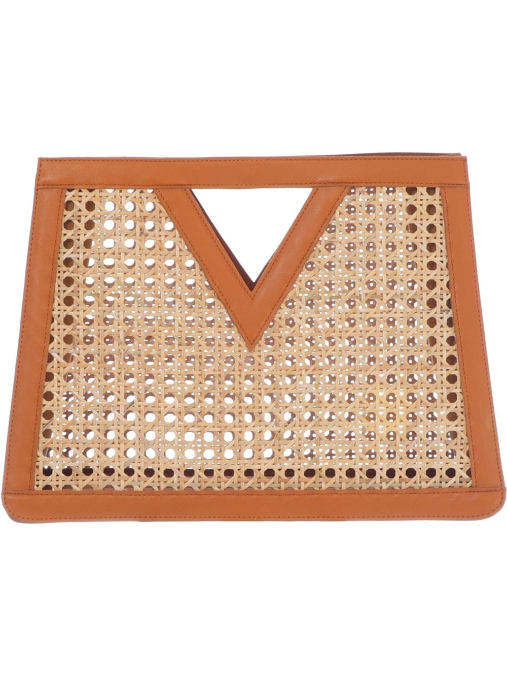 Woven Rattan and Leather-Trim Clutch in Tan